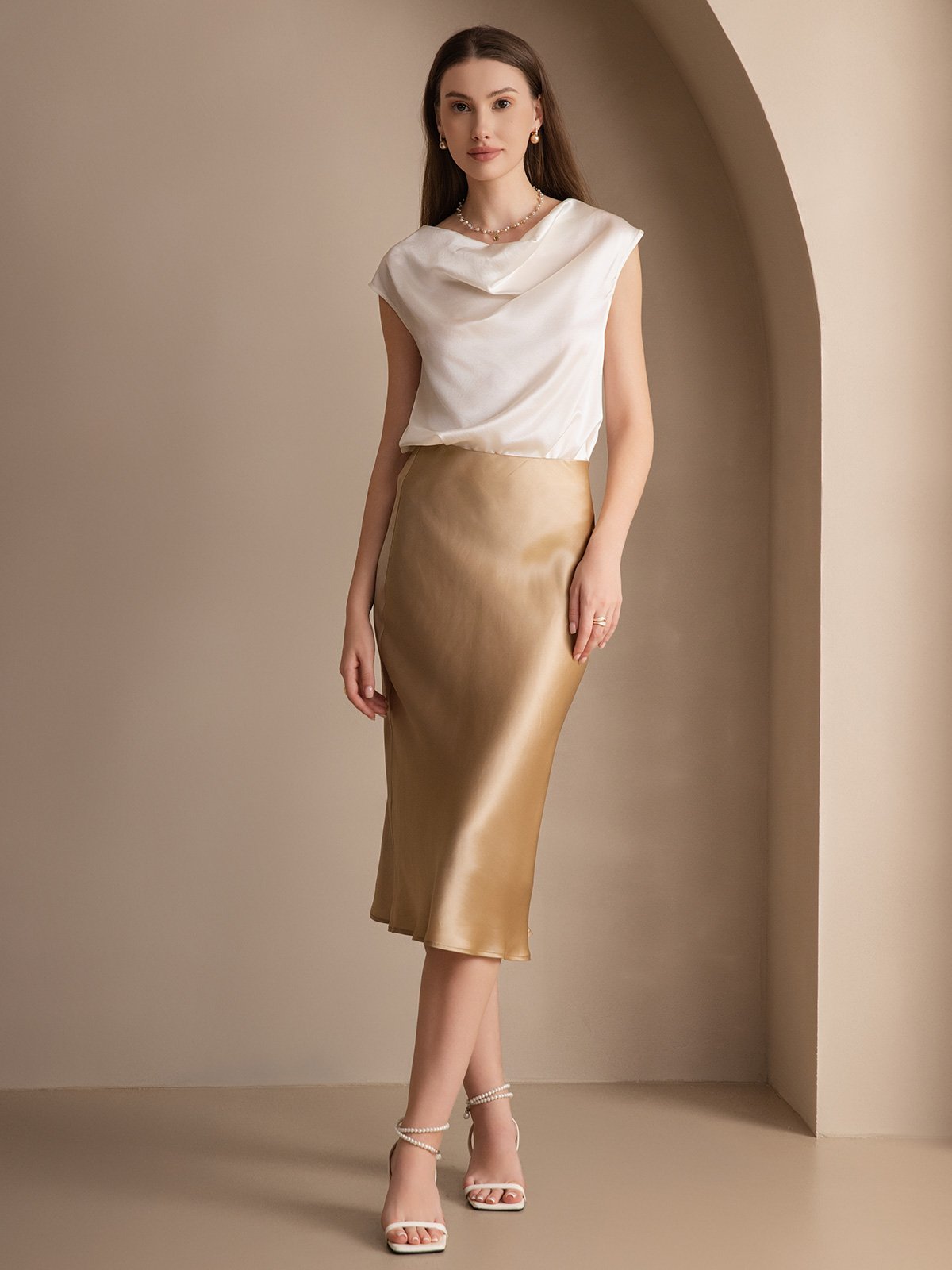 [White] SilkSilky-UK 19Momme Silk Cap Sleeve Cowl Neck Women's T-Shirt 006