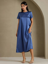 [Real Teal] SilkSilky-UK Short Sleeve Crew Neck Dress 001