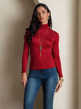 [Wine] SilkSilky-UK Silk Jersey Long Sleeve Turtle Neck Women's T-Shirt 004