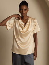 [Champagne] SilkSilky-UK Short Sleeve Cowl Neck Women's Blouse 005