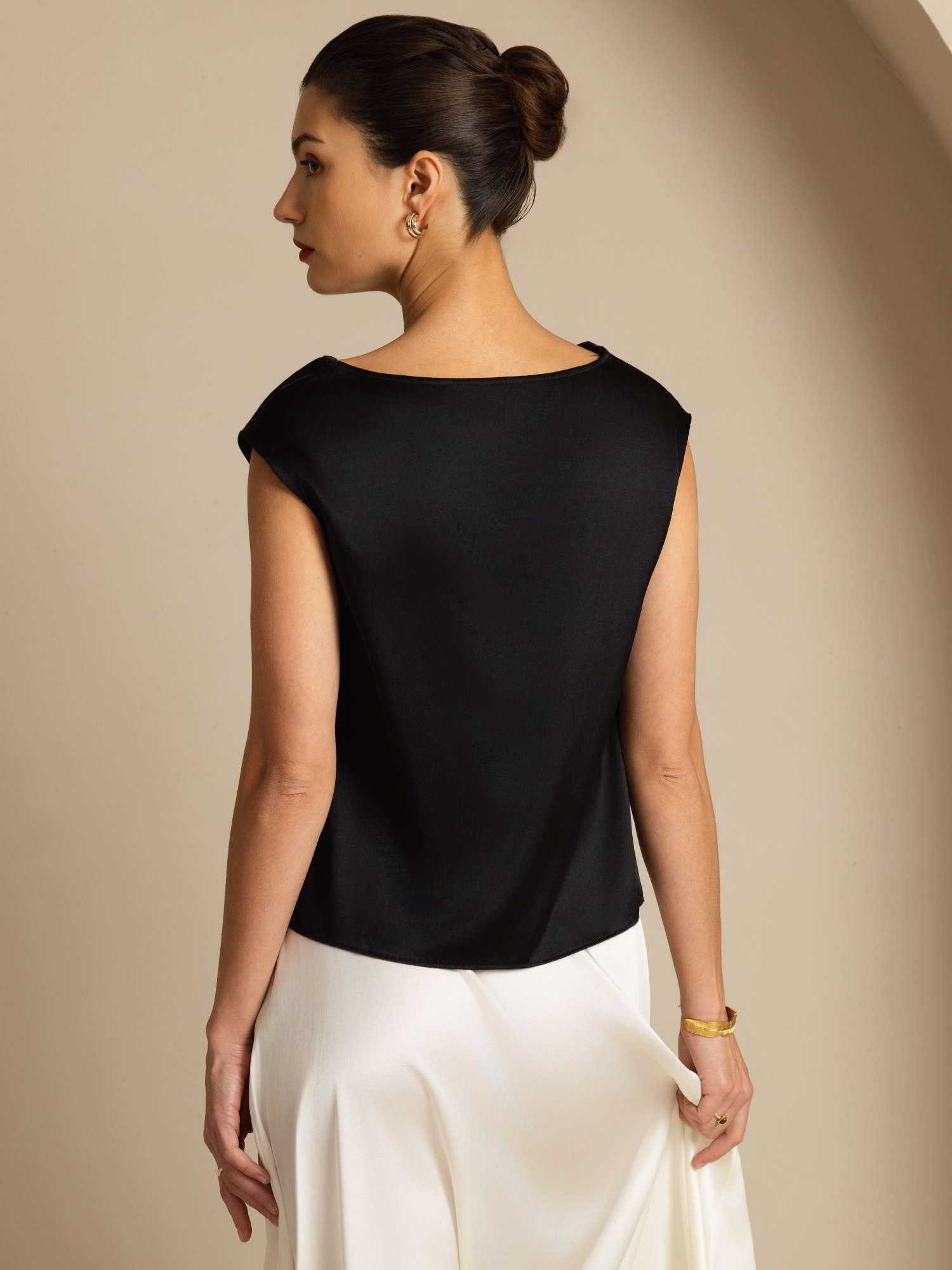 [Black] SilkSilky-UK 19Momme Silk Cap Sleeve Cowl Neck Women's T-Shirt 003