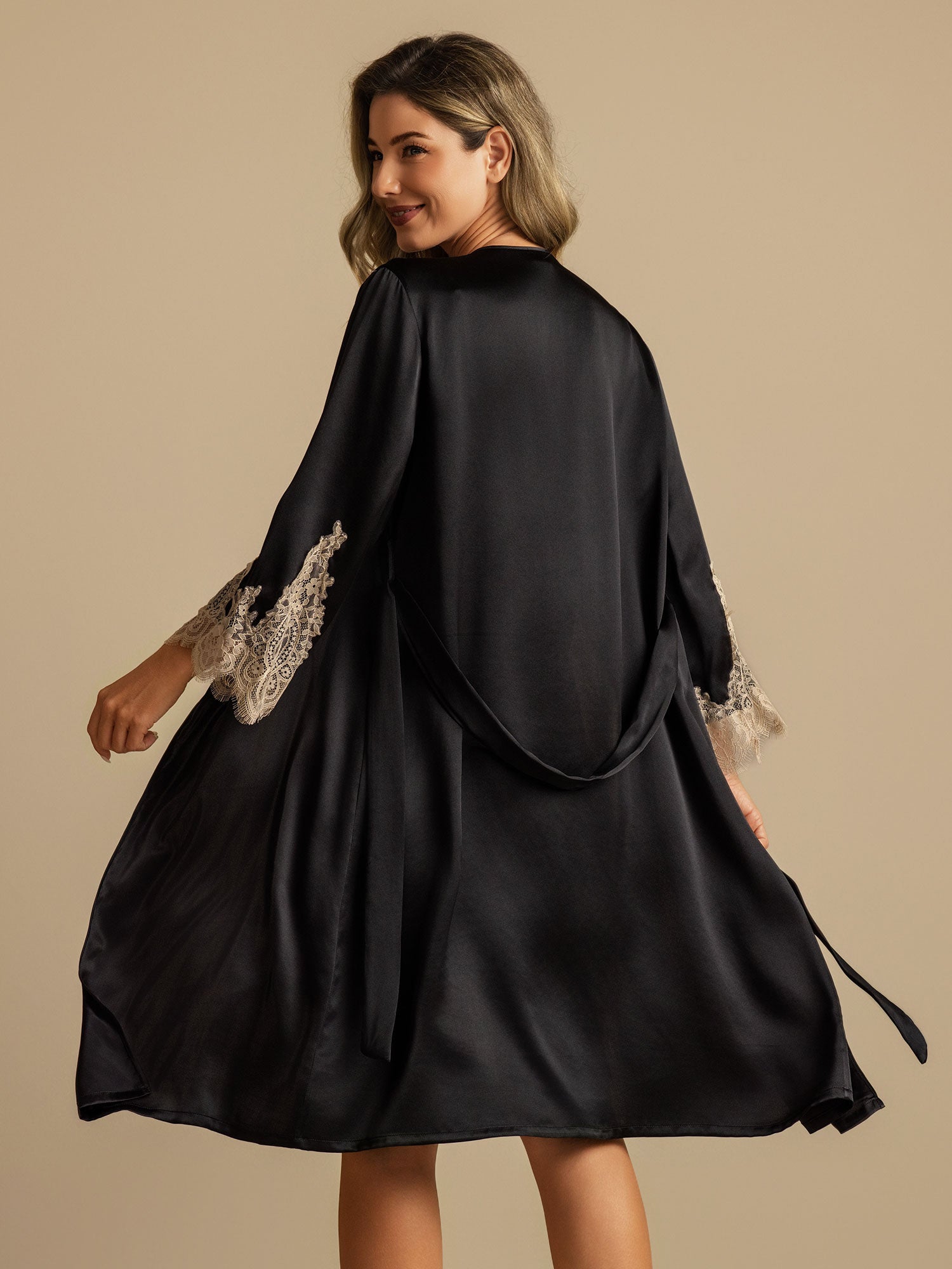 [Black] SilkSilky-UK Pure Silk Nightgown&Robe Set 002,