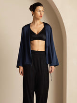[Dark Blue] SilkSilky-UK 19Momme Stretch Silk Charmeuse Long Sleeve Women's Outerwear 005
