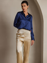 [Dark Blue] SilkSilky-UK Long Sleeve Lapel Collar Women's Shirt 001