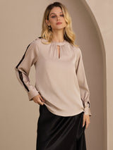 [Tan] SilkSilky-UK Long Sleeve Keyhole Neck Women's Blouse 001