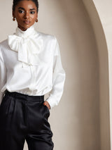 [White] SilkSilky-UK Long Sleeve Tie Neck Blouse 006