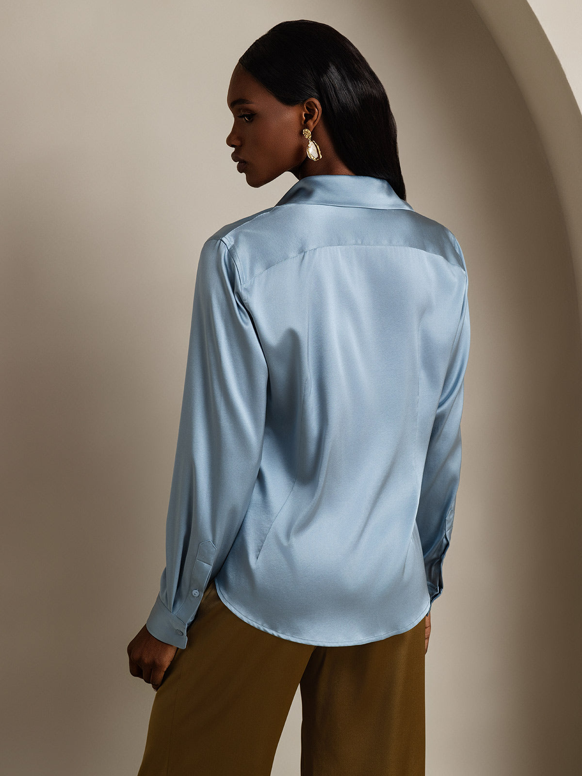 [Grayish Blue] SilkSilky-UK Silk Long Sleeve Collar Women's Shirt 002