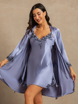 [Steel Blue] SilkSilky-UK 3/4 Sleeve V Neck Nightdress&Dressing gowns 001
