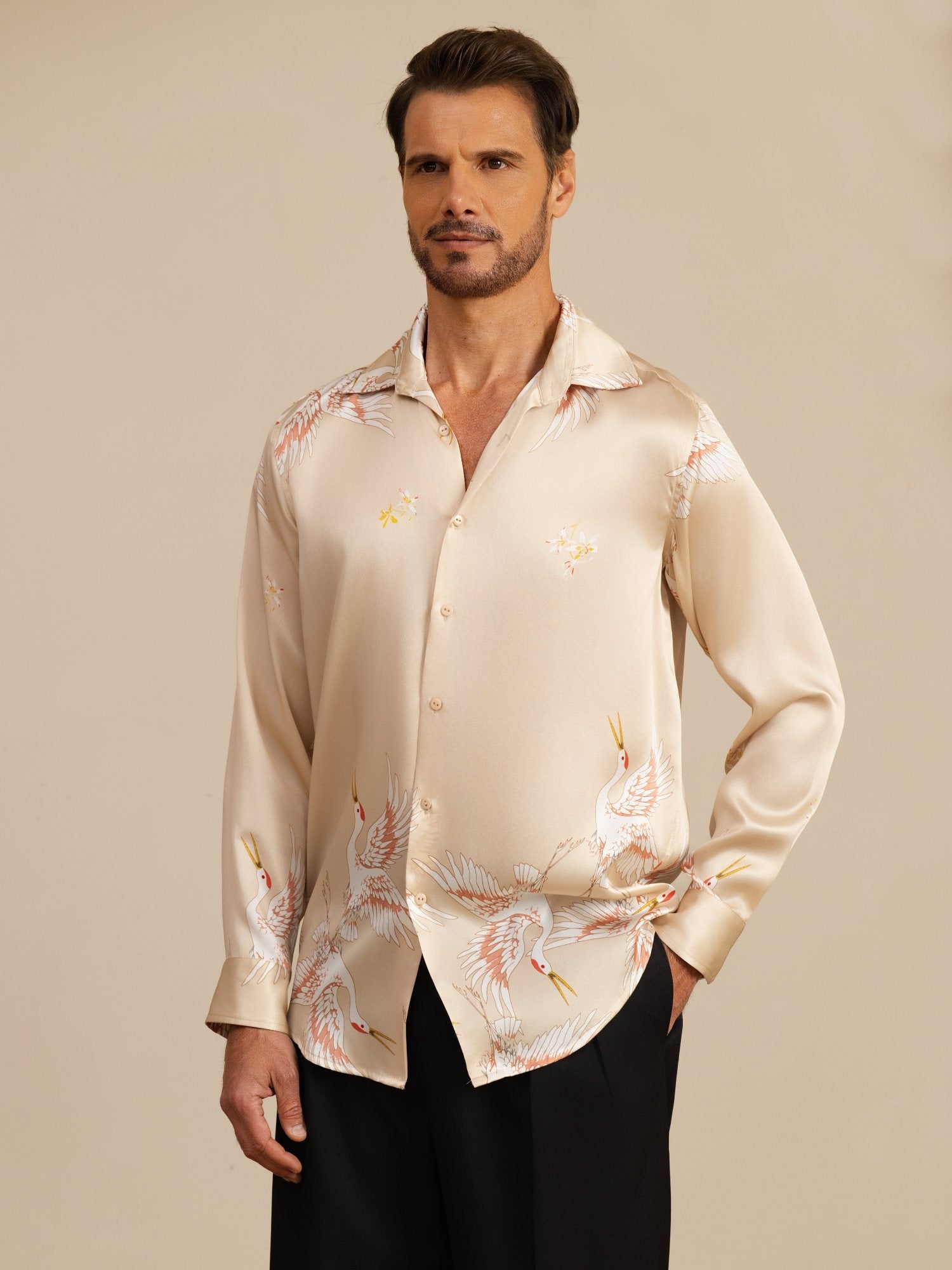 [Champagne] SilkSilky-UK 19Momme Long Sleeve Lapel Collar Men's Shirt 001