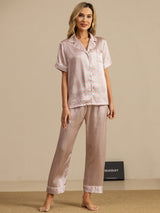 [Pink Heart Geo] SilkSilky-UK Short Sleeve Lapel Collar Women's Pyjamas 007