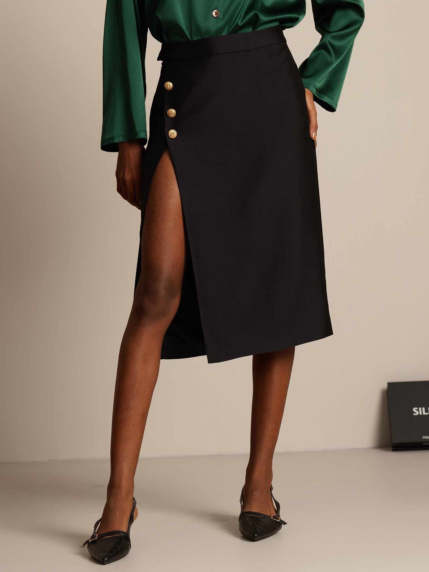 [Black] SilkSilky-UK 32Momme Silk-Wool Blend Split Skirt 001,