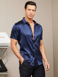 SilkSilky UK Silk Short Sleeve Collar Men's Shirt DarkBlue 006