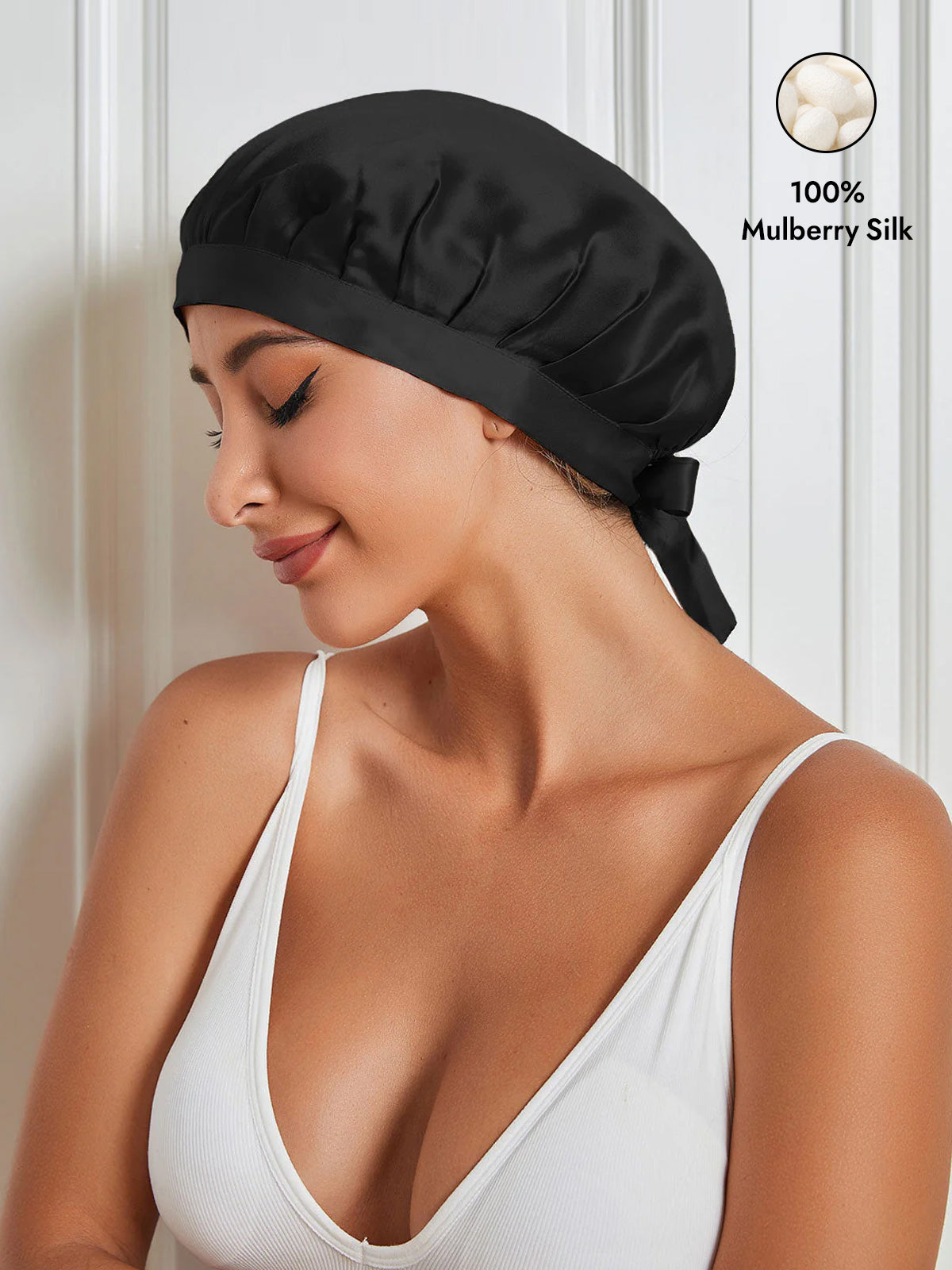 [Black] SilkSilky-UK Pure Silk Sleep Cap 001