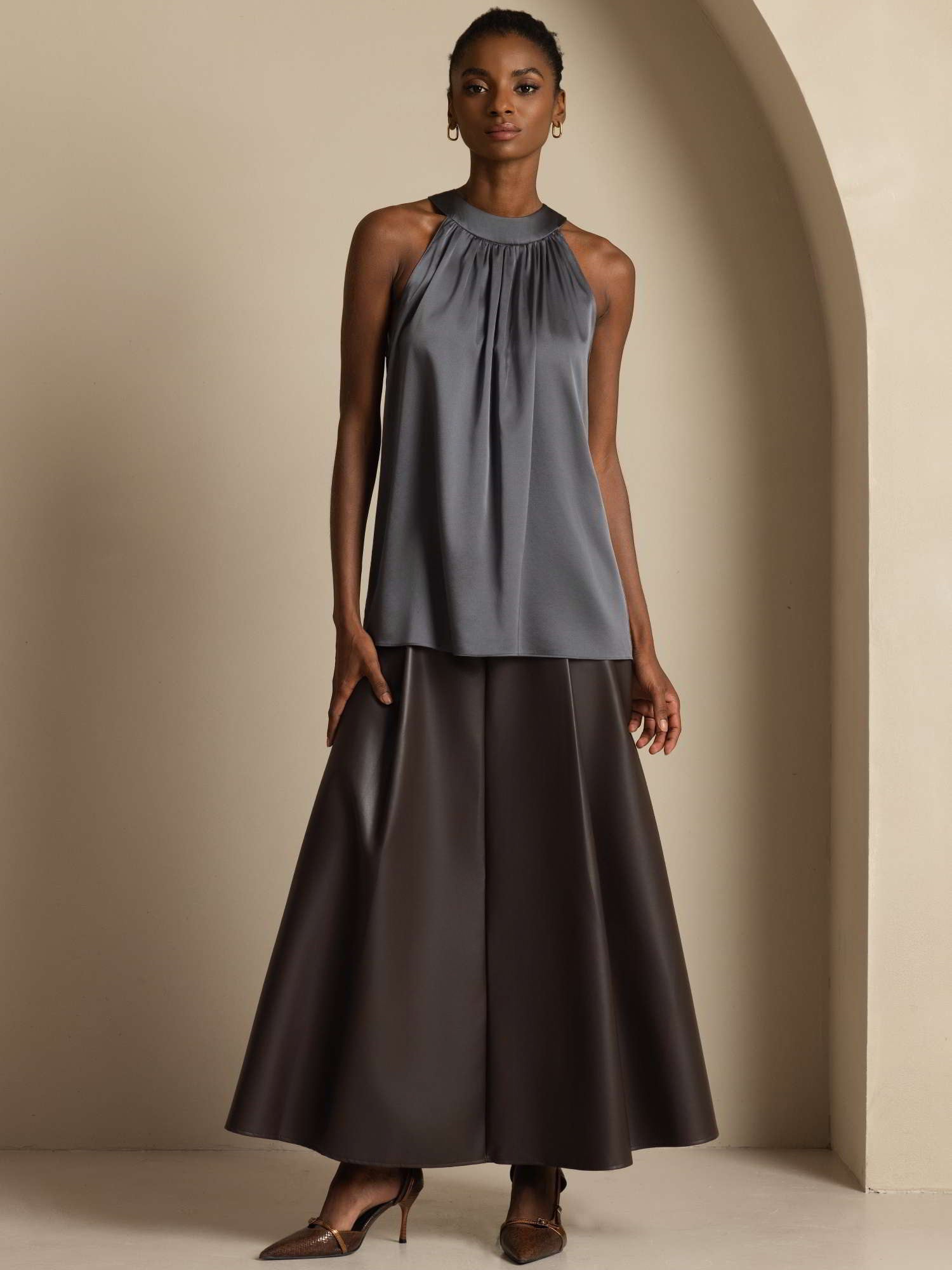 [Dark Gray] SilkSilky-UK 19Momme Silk Sleeveless Halter Neck Women's T-Shirt 005