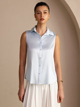 [Light Blue] SilkSilky-UK Sleeveless Lapel Collar Women's Shirt 001