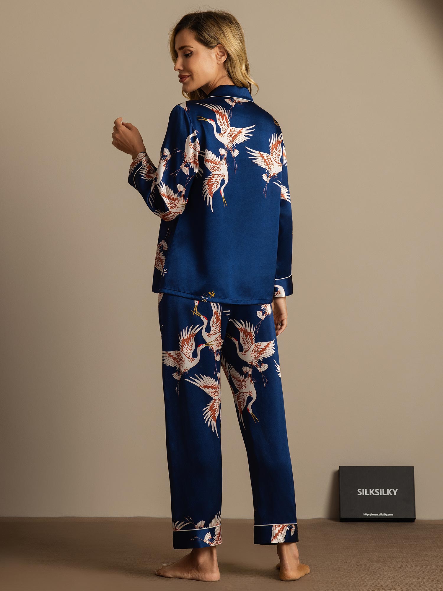 [Dark Blue] SilkSilky-UK 19Momme Pure Silk Notch Collar Women's Pyjamas 002,