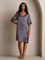 [Purple Gray] SilkSilky-UK Half Sleeve V Neck Nightdress 008