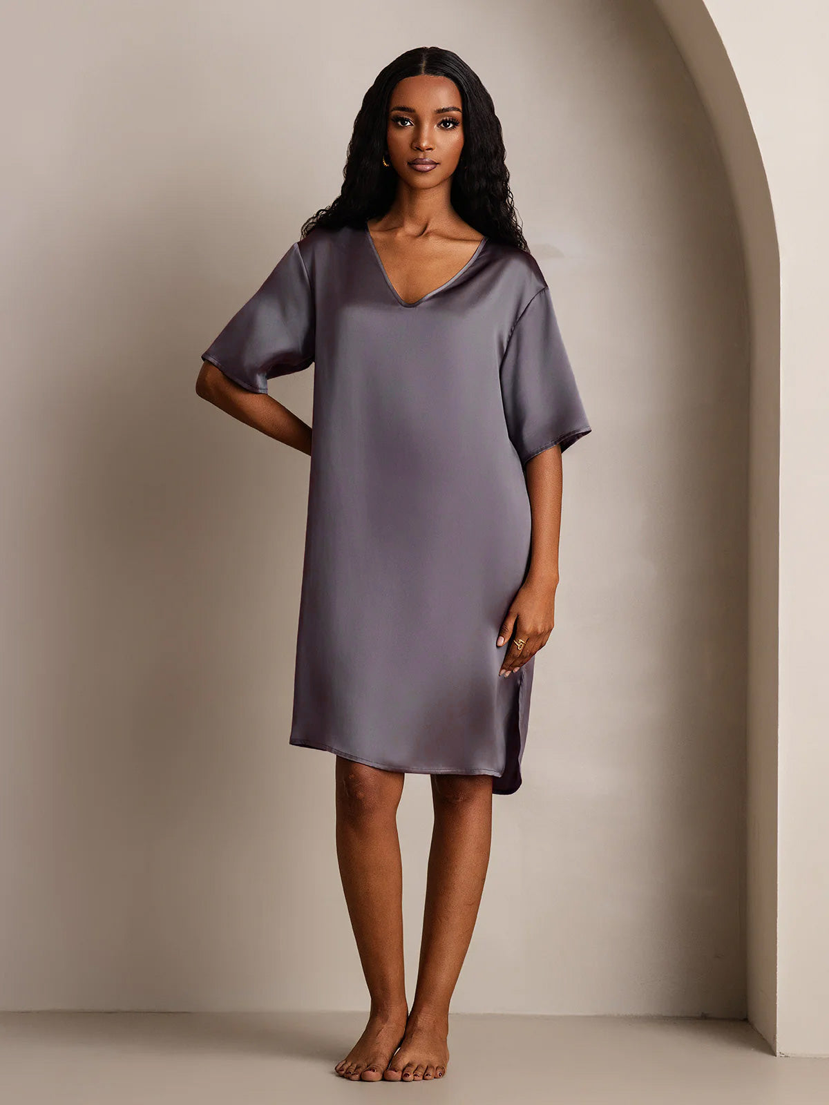 [Purple Gray] SilkSilky-UK Pure Silk V Neck Nightdress 008,