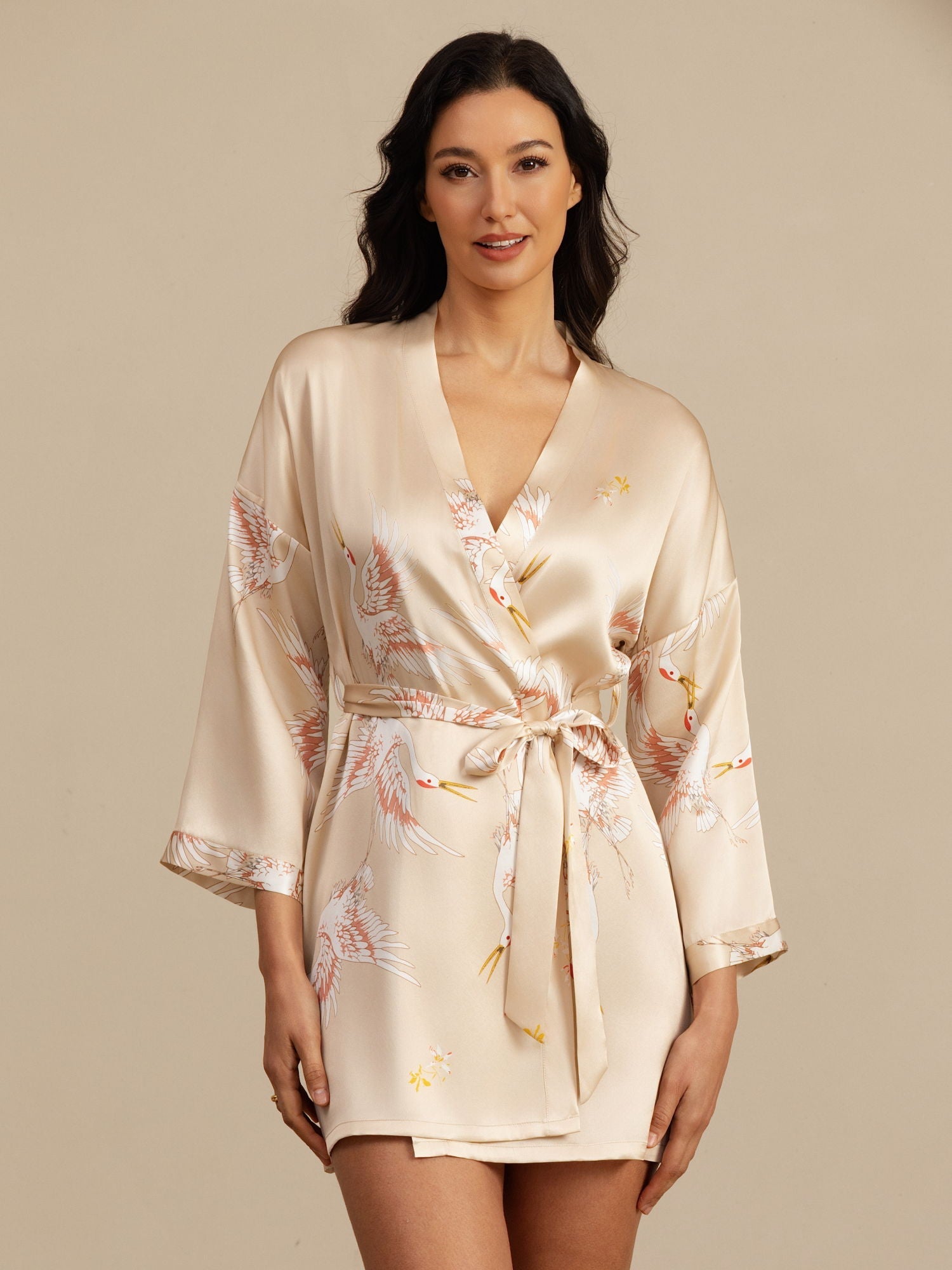 [Champagne] SilkSilky-UK 19Momme 3/4 Sleeve Women's Dressing Gown 006