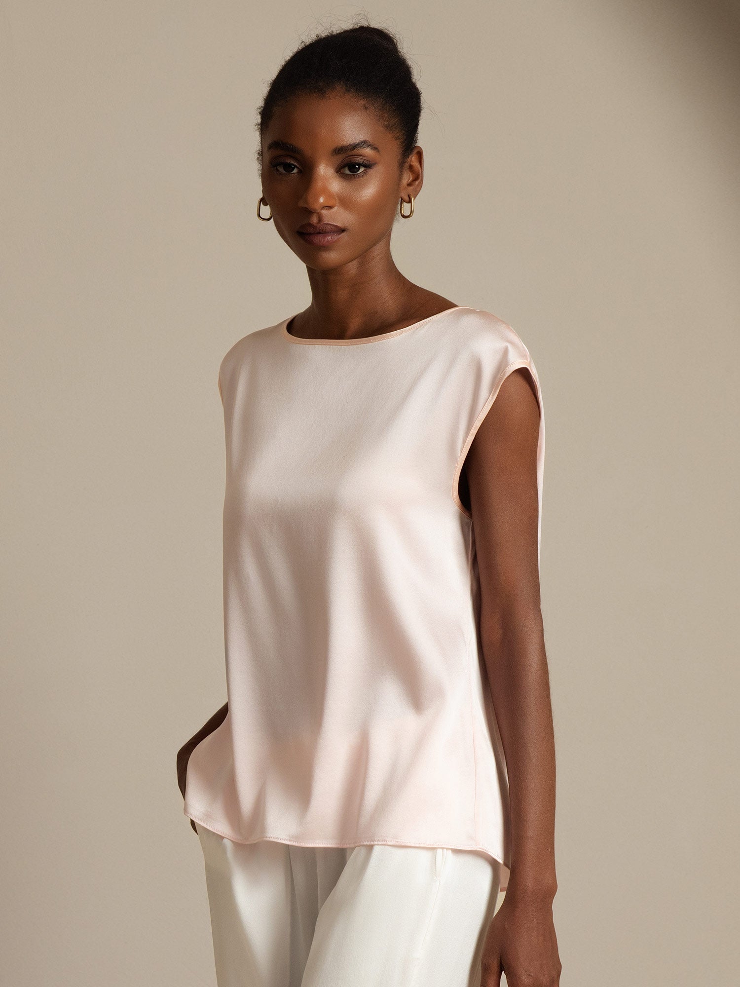 [Pink] SilkSilky-UK 19Momme Silk Round Neck Women's T-Shirt 003,