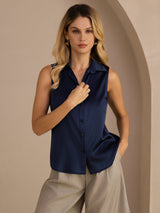 [Dark Blue] SilkSilky-UK Sleeveless Lapel Collar Women's Shirt 005