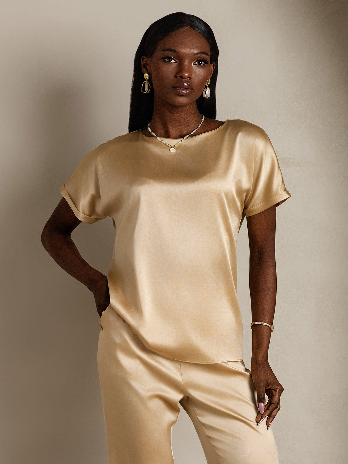 [Champagne] SilkSilky-UK 19Momme Silk Short Sleeve Round Neck Women's T-Shirt 003