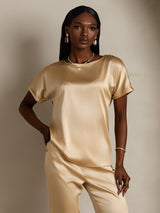 [Champagne] SilkSilky-UK Short Sleeve Boat Neck Women's T-Shirt 003