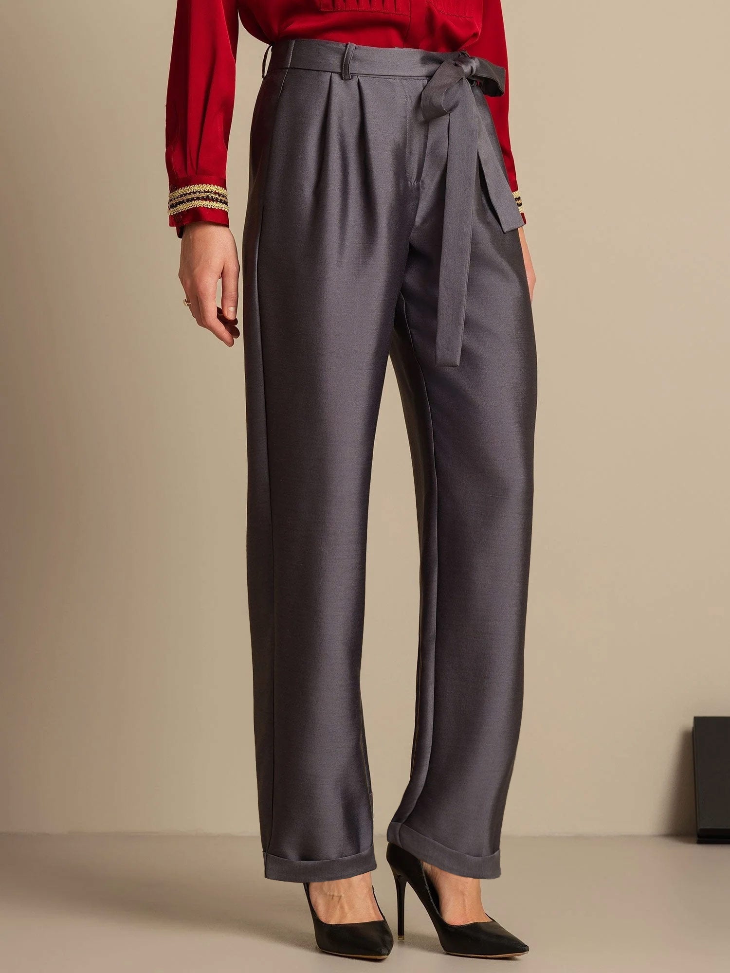 [Gray] SilkSilky-UK 32Momme Silk-Wool Blend Womens Pants 003,