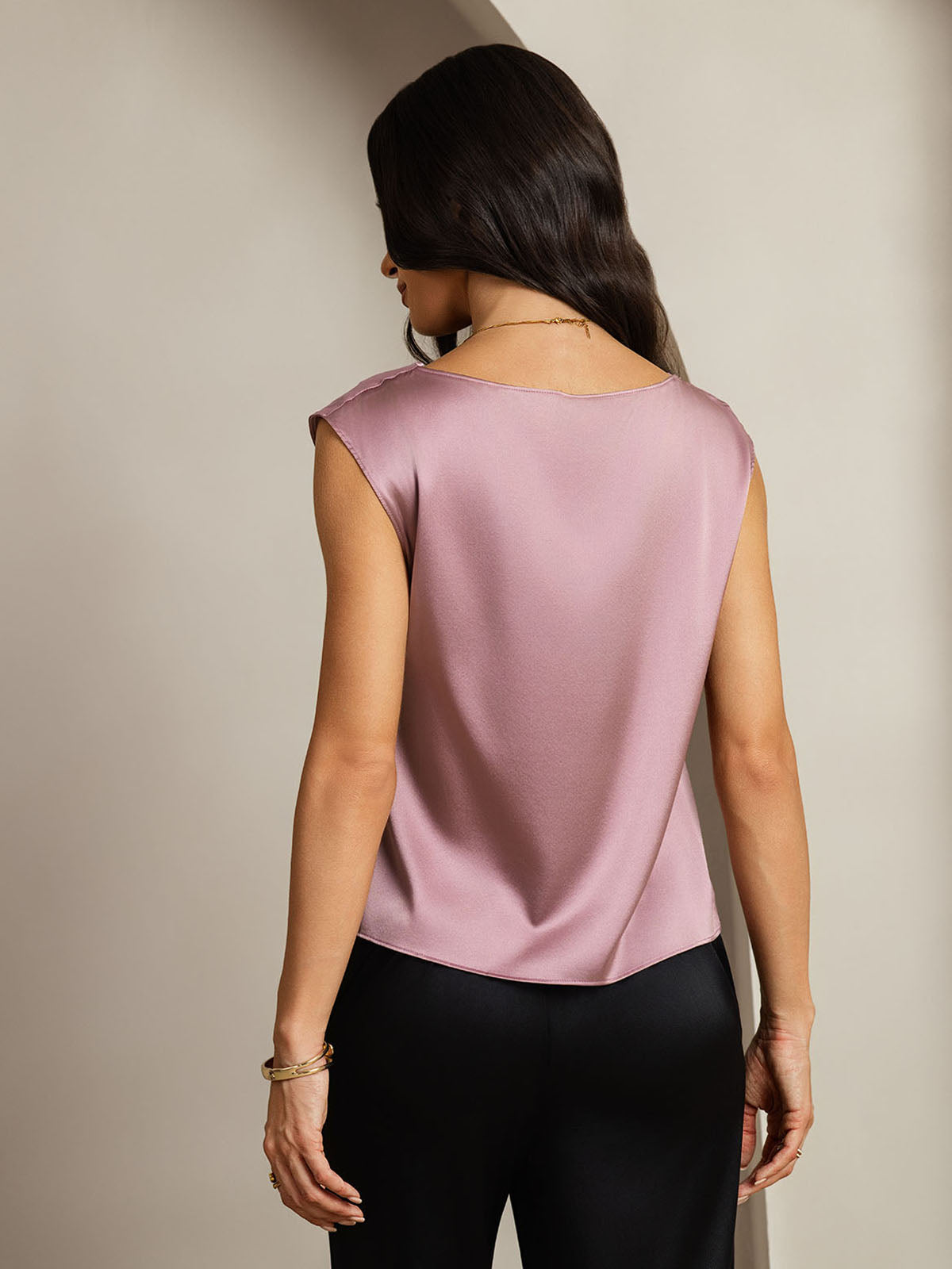 [Pale Mauve] SilkSilky-UK 19Momme Silk Cap Sleeve Cowl Neck Women's T-Shirt 002