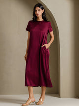 [Dark Red] SilkSilky-UK Short Sleeve Crew Neck Dress 003