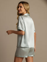 [Light Blue] SilkSilky-UK Pure Silk Notch Collar Women's Pyjamas 002,