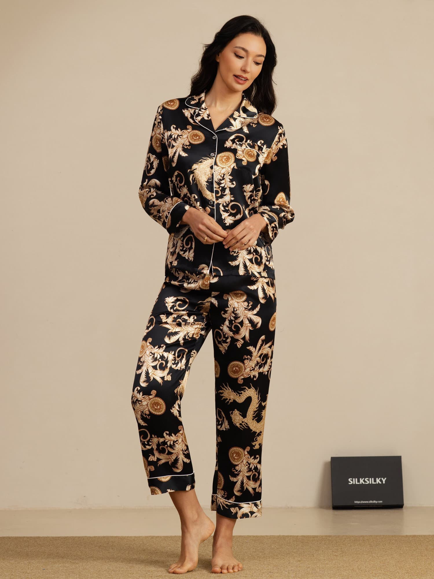 [Black Dragon] SilkSilky-UK Long Sleeve Notch Collar Women's Pyjamas 006