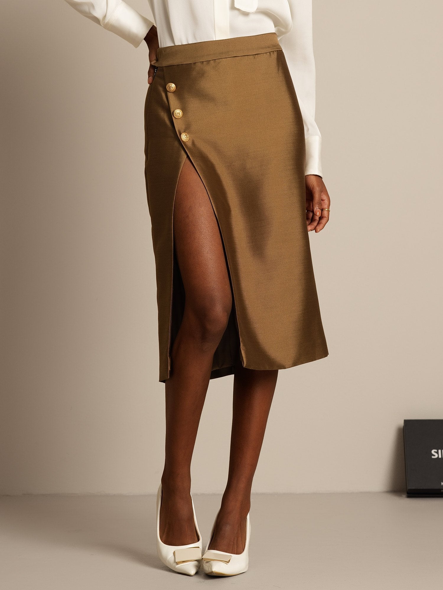 [Bronze] SilkSilky-UK 32Momme Silk-Wool Blend Split Skirt 006,