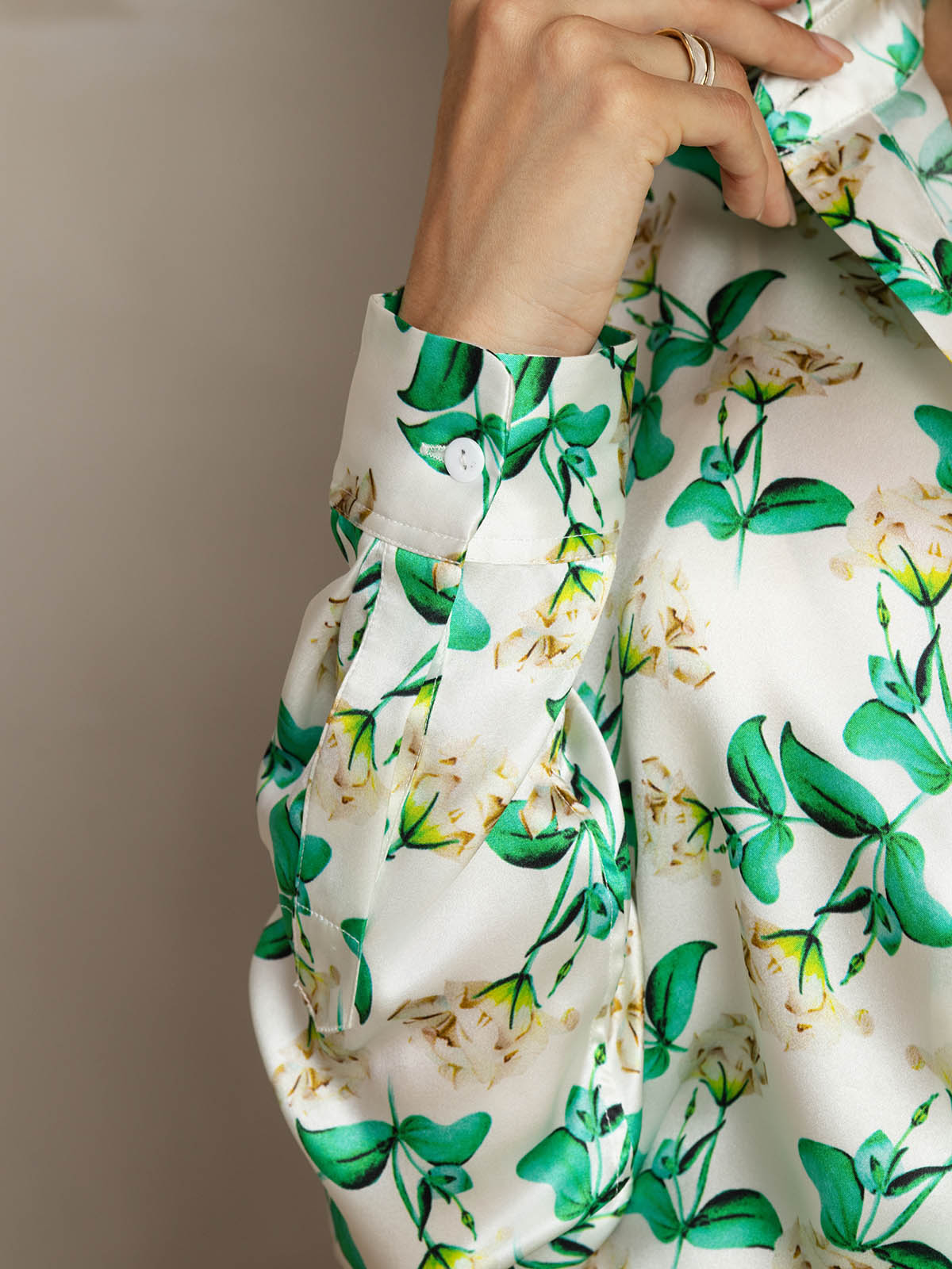 [Green Floral] SilkSilky-UK Silk Long Sleeve Collar Women's Shirt 004