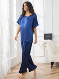 SilkSilky UK Pure Silk Short Sleeve V Neck Women's Pyjamas DarkBlue 005