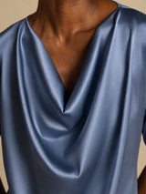 [Real Teal] SilkSilky-UK Short Sleeve Cowl Neck Women's Blouse 003