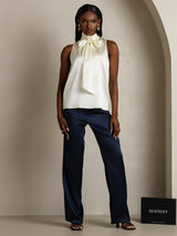 [Ivory] SilkSilky-UK 19Momme Stretch Silk Charmeuse Sleeveless Tie Neck Blouse 006