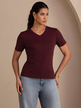 [Wine] SilkSilky-UK Short Sleeve V Neck Women's T-Shirt 001