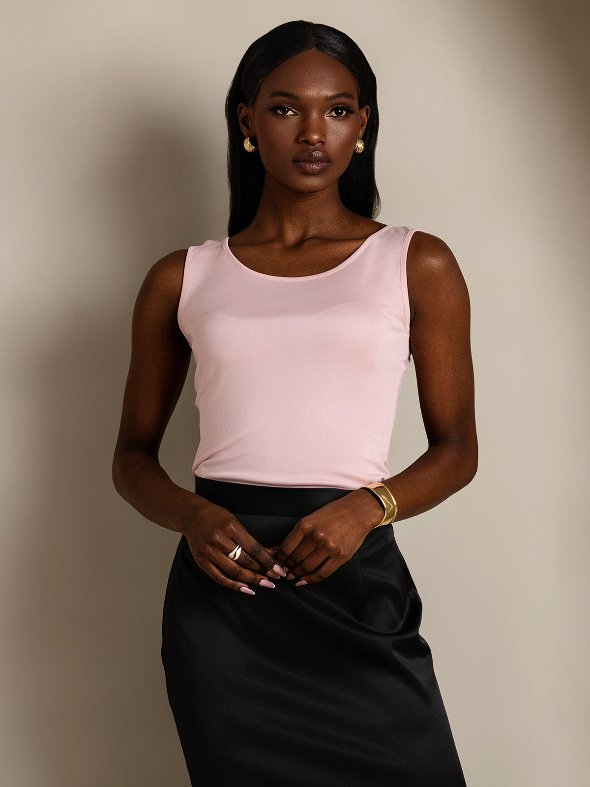 [Pink] SilkSilky-UK Silk Knitted Sleeveless Round Neck Women's T-Shirt 004