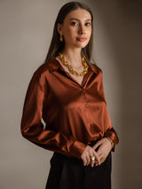 [Caramel] SilkSilky-UK Long Sleeve Lapel Collar Women's Shirt 004