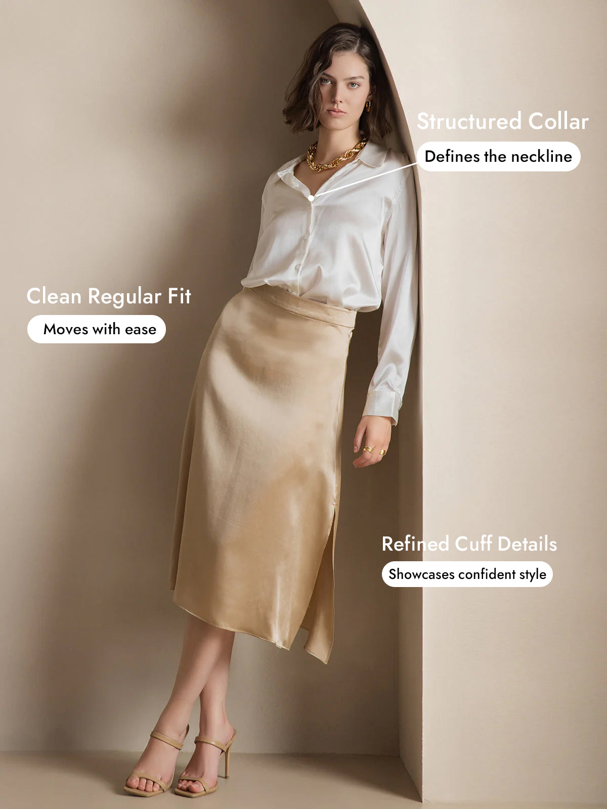 [White] SilkSilky-UK Silk Long Sleeve Collar Women's Shirt 005