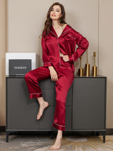 [Dark Red] SilkSilky-UK Long Sleeve Lapel Collar Women's Pyjamas 002
