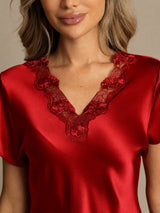 [Dark Red] SilkSilky-UK Short Sleeve V Neck Nightdress 004