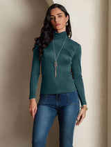 [Dark Green] SilkSilky-UK Silk Jersey Long Sleeve Turtle Neck Women's T-Shirt 004