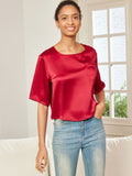 SilkSilky UK Pure Silk Half Sleeve Boat Neck Women's T Shirt DarkRed 004