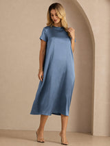 [Real Teal] SilkSilky-UK Short Sleeve Crew Neck Dress 006