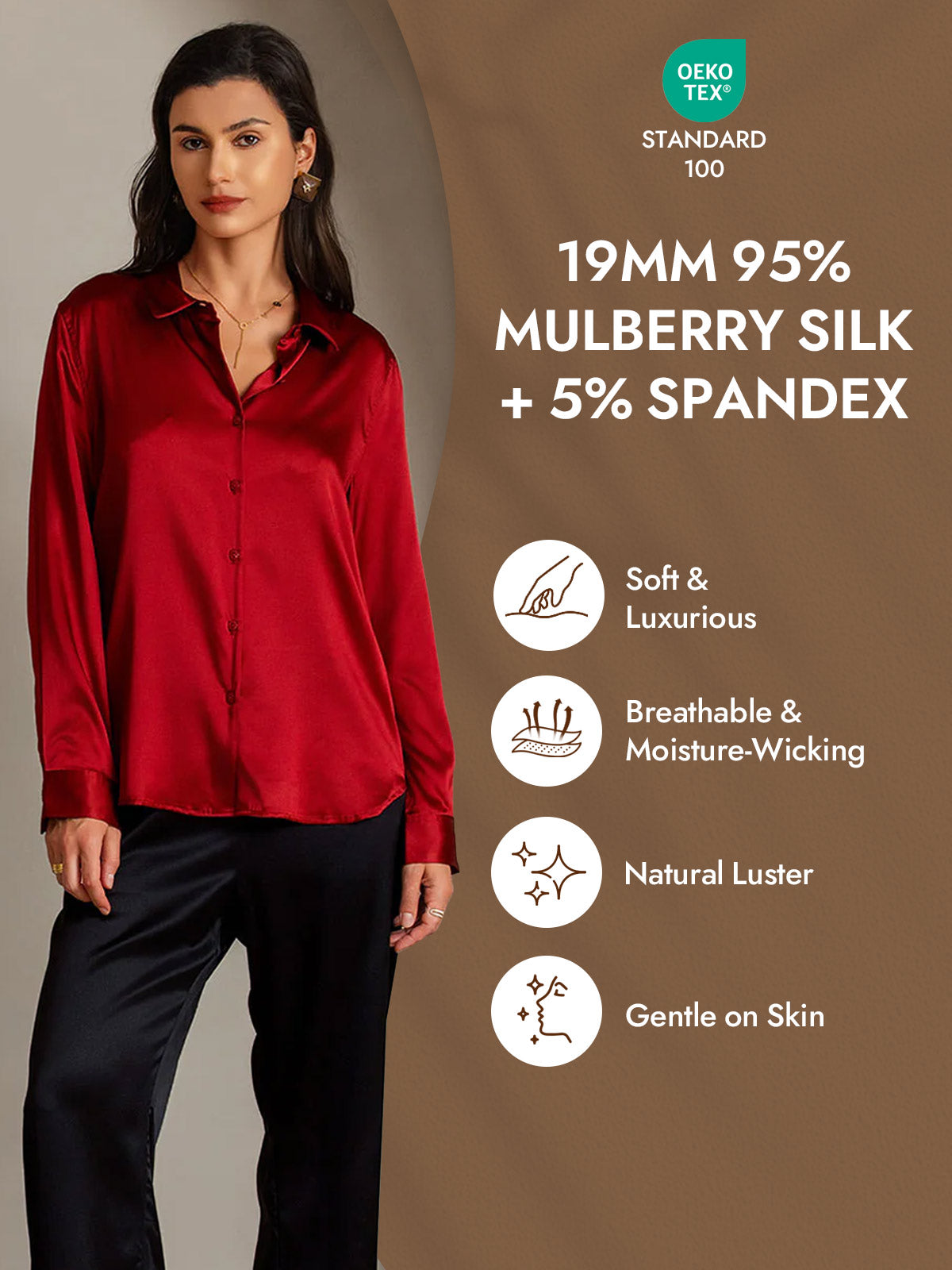 [Red] SilkSilky-UK Silk Long Sleeve Collar Women's Shirt 004