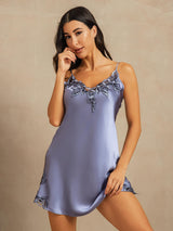 [Steel Blue] SilkSilky-UK Spaghetti Strap V Neck Nightdress 001