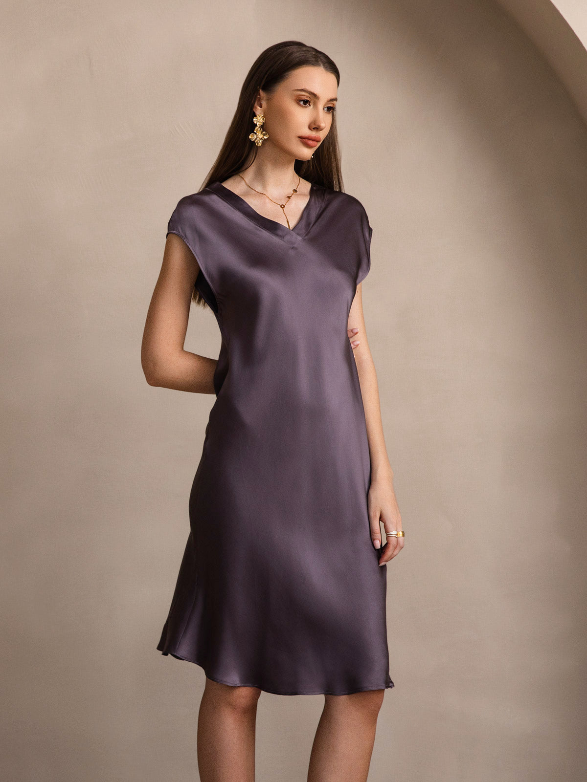 SilkSilky-UK Pure Silk Sleeveless V Neck Dress PurpleGray 006