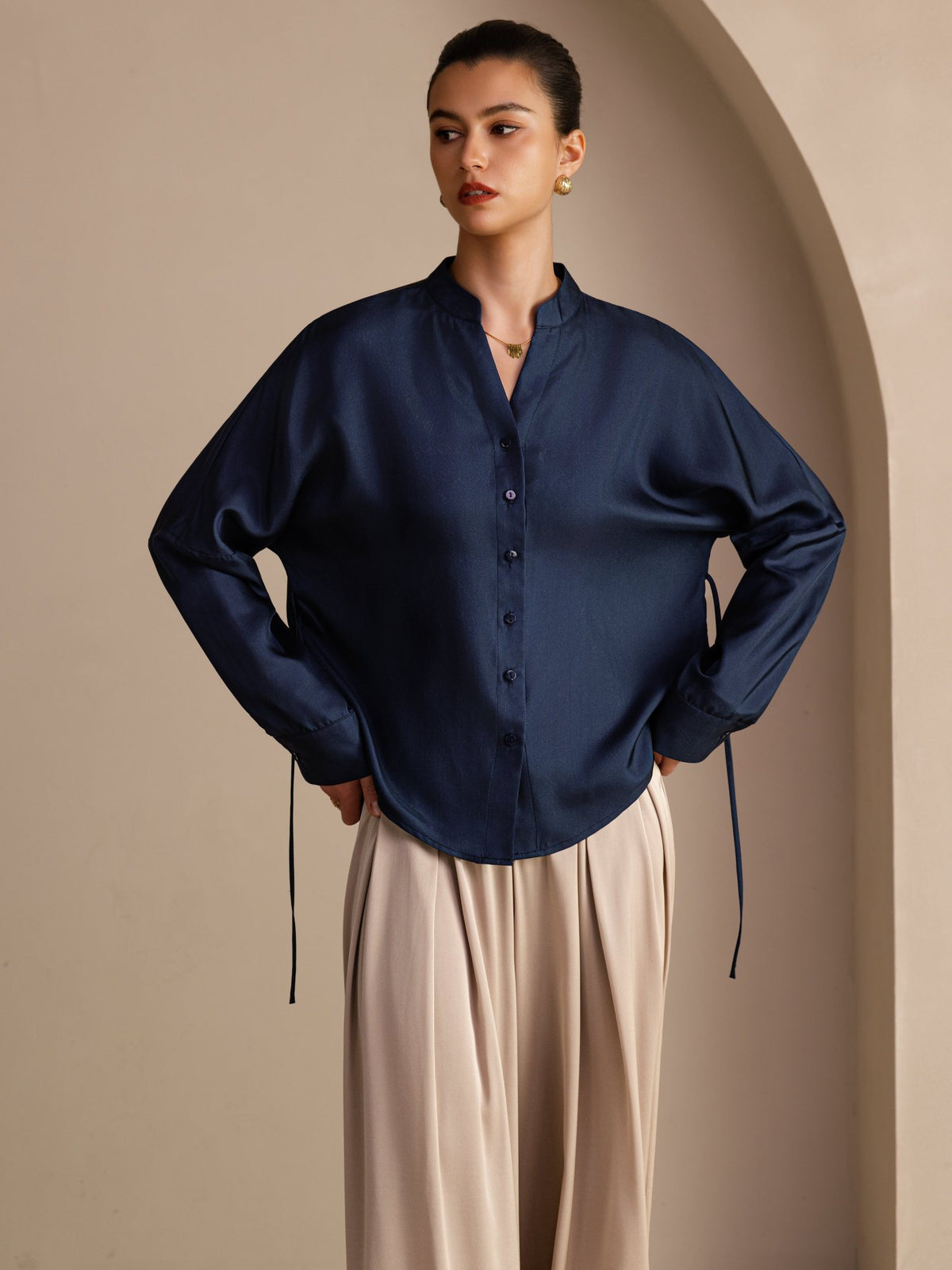 [Dark Blue] SilkSilky-UK Long Sleeve Split Women's Blouse 001